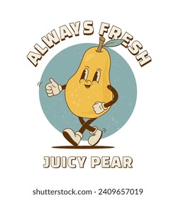 Retro cartoon pear character for packaging, print, advertising. Vintage fresh fruit mascot vector illustration. 