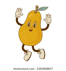 Retro cartoon pear character vector illustration. Funny fruit mascot  in groove style. . Nostalgia 60s, 70s, 80s