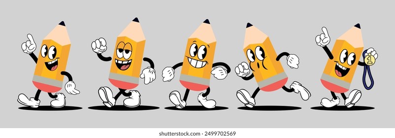 Retro cartoon pencil mascot, different poses, vector illustration. School related comic character set.
