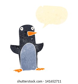 retro cartoon penguin with speech bubble