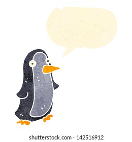 retro cartoon penguin with speech bubble