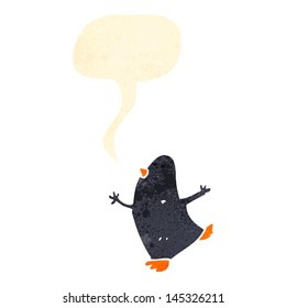 retro cartoon penguin with speech bubble