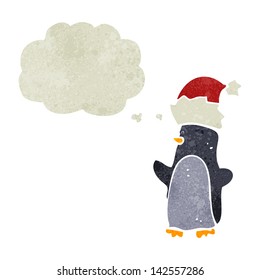 retro cartoon penguin with thought bubble