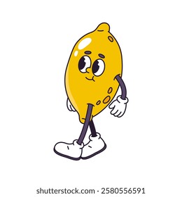 Retro cartoon personage walking with confident feeling. Vector isolated groovy lemon personage with calm facial expression, legs in boots and hands in gloves. Stylish comic mascot or avatar