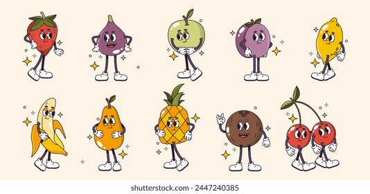 Retro cartoon personages fruits with expressions, legs and hands. Vector isolated set of pineapple and apple, lemon and strawberry, plum and date, coconut and cherries, banana with peel