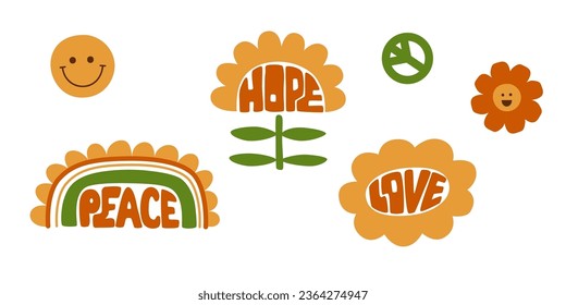 Retro cartoon phrases Peace, Hope, Love and 60s flowers set. Vintage 70s lettering. Cute vector illustration. Colorful inspirational slogan collection. Decorative print elements, funky design.