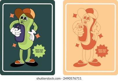 Retro Cartoon Pickle Mascot Playing Smartphone Set perfect for a variety of uses, including logo labels, decorative wall posters, educational posters about responsible technology use, and other access