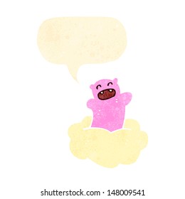 retro cartoon pink teddy bear on cloud