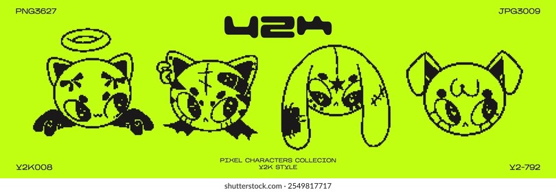 Retro cartoon pixel character in Y2K style. Cyber animals with stars for 90s design. Collection mscots of vector funky futuristic pets	