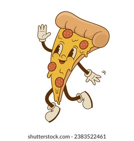 Retro cartoon pizza character in groove style. Pizzeria mascot for cafe, restaurant. Vector illustration. Nostalgia 60s, 70s, 80s