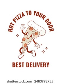 Retro cartoon pizza mascot for food delivery. Vector illustration. Vintage fastfood poster. Nostalgia 90s, 70s, 80s