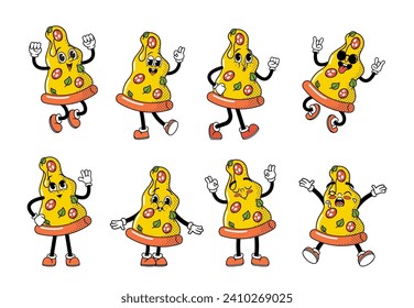 Retro Cartoon Pizza Slice Emojis. Cheerful, Triangular Character With Smiling Face, Pepperoni And A Cheesy Grin