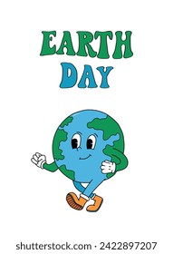 retro cartoon planet Earth decorated with lettering quote Earth day for posters, prints, cards, banners, signs, stickers. EPS 10