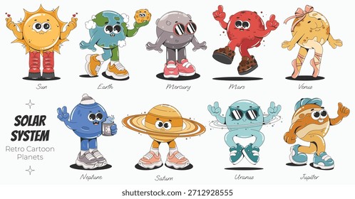 Retro cartoon planets of the solar system. Cute groovy characters for kids' education. Isolated vector illustrations.