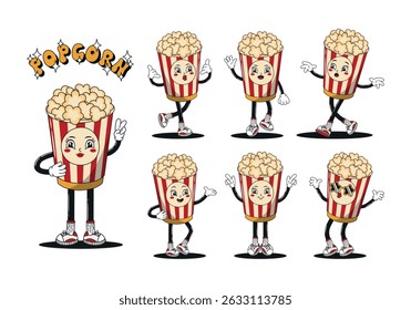 Retro cartoon popcorn character with happy smiling face, different poses and angles set. Groovy funky cinema food mascot collection. 60s, 70s, 80s hippie psychedelic vector illustrations.
