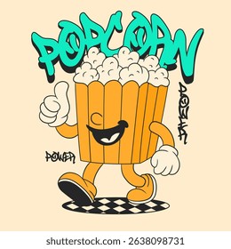 Retro Cartoon Popcorn Mascot. Vintage Motivational Poster with Popcorn Power Quote for T-Shirt or Wall Art