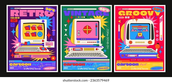 Retro cartoon poster with computers from the 90s. Cyber groovy geometric memphis style, browser, user interface, 80s nostalgia, old computer. Hippie banner