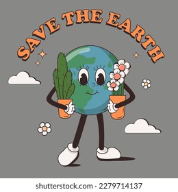 Retro cartoon poster with funny cute comic character Earth with hand drawn doodles. Save the planet. Earth day.. Motivational print design template with walking cute Earth. Vector illustration