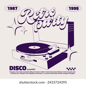 Retro cartoon poster with vinyl player retro 90s. Groovy geometric memphis style, music, party, disco, 80s nostalgia. Hippie vintage banner
