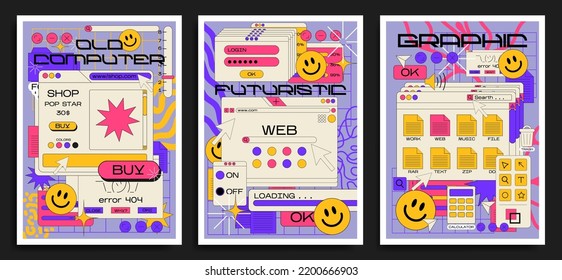 Retro cartoon poster of web pages pc.old computer style. geometric frames in 90s memphis style. Set of user interface elements. Retro browser computer window. vector promo banner for design and print