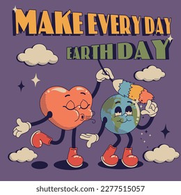 Retro cartoon posters with funny comic characters, gloved hands. Modern illustration with cute Earth and Heart. Hand drawn doodles eco save planet concept. Set in modern cartoon style
