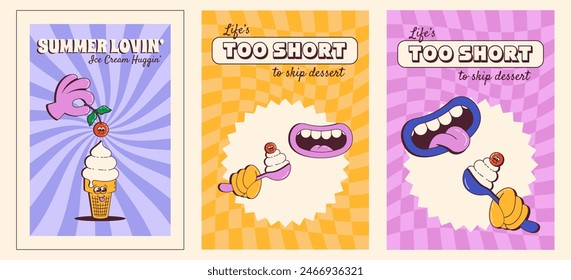 Retro Cartoon Posters with Ice Cream and Mouth Eating Dessert. Funny groovy ice cream mascot character for cafe, bar, restaurant. Vector illustration.