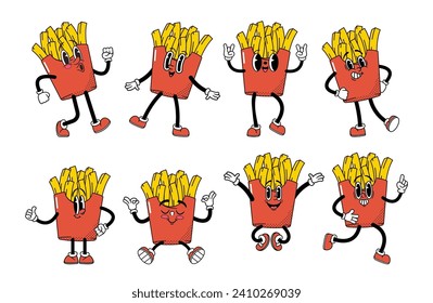 Retro Cartoon Potato Fries Character Emoji Set. Funny Personage Sporting Shades And Cool Grin, Smile and Meditate