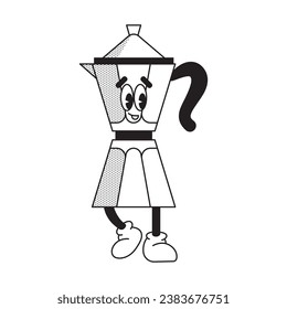 Retro cartoon pour over coffee maker character goes happy. Mascot design outline. Coffee at home concept. Vintage drink illustration. Latte cappuccino. Vector illustration isolated on white background