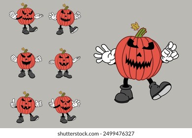 Retro Cartoon Pumpkin Character In Groovy 70s Vintage Style