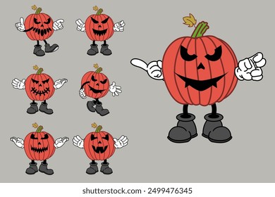 Retro Cartoon Pumpkin Character In Groovy 70s Vintage Style