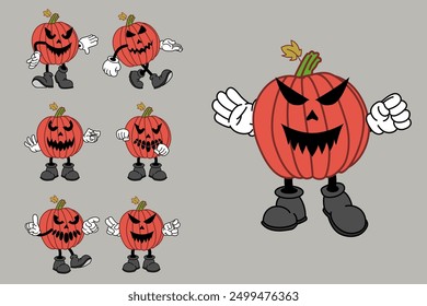 Retro Cartoon Pumpkin Character In Groovy 70s Vintage Style