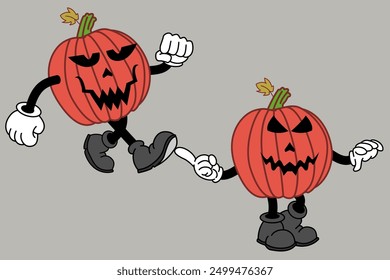 Retro Cartoon Pumpkin Character In Groovy 70s Vintage Style