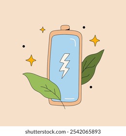 Retro cartoon rechargeable energy isolated. Sustainable life concept. Vector hand drawn illustration.