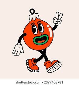Retro cartoon red Christmas ball Groovy vintage 70s funny ball character with arms and legs walking