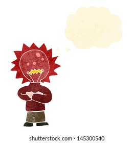 retro cartoon red light bulb head man with thought bubble