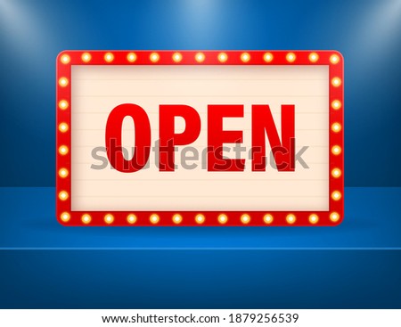 Retro cartoon red open concept on dark backdrop. Vector sign. Abstract icon. Business concept. Banner promotion.