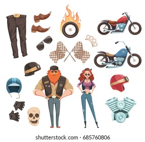 Retro cartoon rider set of bikers wear accessories roadster motorcycles and two flat doodle human characters vector illustration