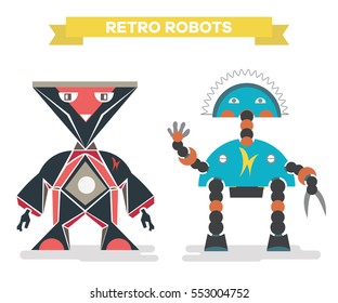 Retro cartoon robots. Vintage robots isolated on white. Vector Illustration
