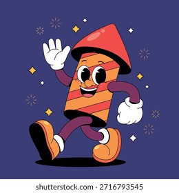 Personaje de cohete de dibujos animados retro con destellos