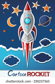 Retro cartoon rocket in space. Vector paper art.