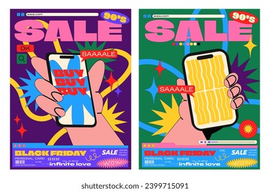 Carteles retro de venta de caricaturas al estilo retro de los años 90. Groovy estilo memphis geométricos, Mano con smartphone con grandes descuentos, grandes ofertas, viernes negro. Banner vectorial hippie