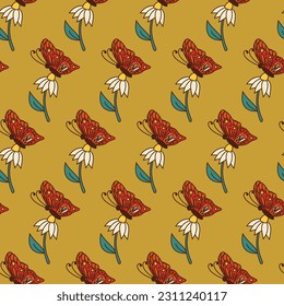 Retro cartoon seamless pattern with butterflies and daisies. Vector outline cartoon illustration on brown background. Perfect for fabric, wallpaper, wrapping paper, interior decor, kids textile