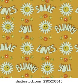 Retro cartoon seamless pattern with text Some bunny loves you. Unique hand drawn vector flat elements on yellow background. Suitable for fabric, wallpaper, wrapping, background, interior decor