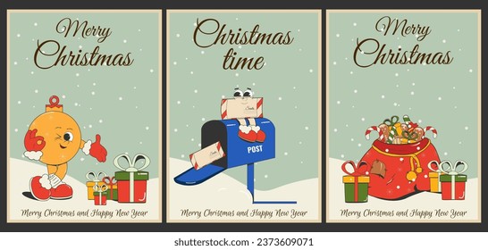 Retro cartoon set of Christmas and New Year cards: a mailbox with a letter from Santa, a red bag of gifts and sweets, a Christmas ball. Trendy vintage vector illustration.