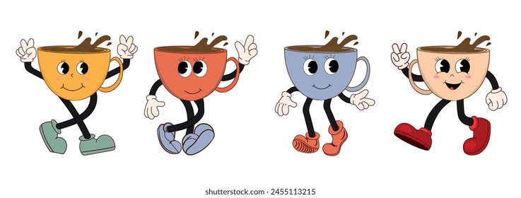 Retro cartoon set of funny  coffee characters in groovy style, cute mascot. Vintage coffee vector illustration. Nostalgia for the 60s, 70s, 80s.