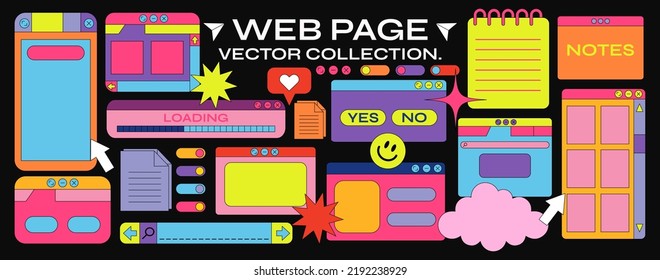 Retro cartoon set of web pages. geometric frames in 90s memphis style in vibrant colors. notes, web pages, cursor, stickers, vector promo banner for design and print