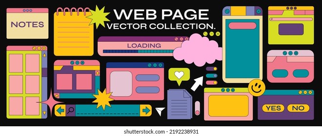 Retro cartoon set of web pages. geometric frames in 90s memphis style in vibrant colors. notes, web pages, cursor, stickers, vector promo banner for design and print