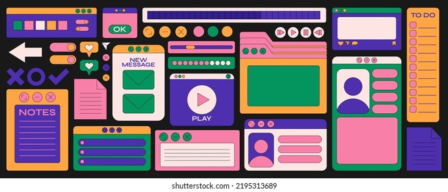 Retro cartoon set of web pages pc.old computer style. geometric frames in 90s memphis style. Set of user interface elements. Retro browser computer window. vector promo banner for design and print