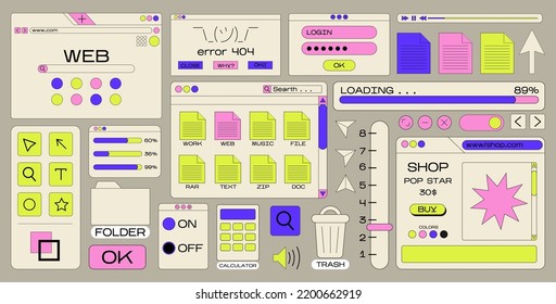 Retro cartoon set of web pages pc.old computer style. geometric frames in 90s memphis style. Set of user interface elements. Retro browser computer window. vector promo banner for design and print