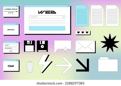 Retro cartoon set of web pages pc.old computer style. geometric frames in 90s memphis style. Set of user interface elements. Retro browser computer window. vector promo banner for design and print.